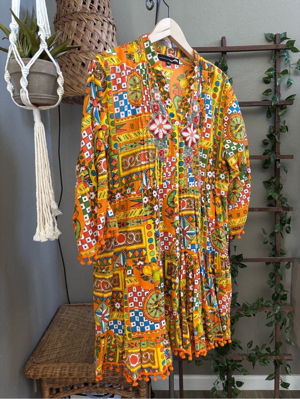 Colori Di Mare Majolica Print Embellished Mini Dress Boho Tassel Hem Tunic - Picture 6 of 13